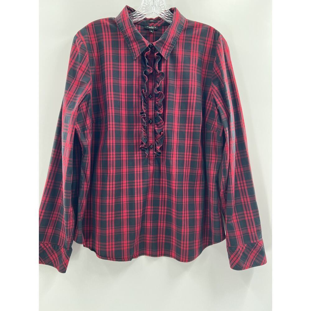 Talbots Women’s Long Sleeve Ruffled Popover Red & Black Plaid Size 16